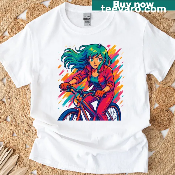 Bold neon bike adventure graphic on T-shirt