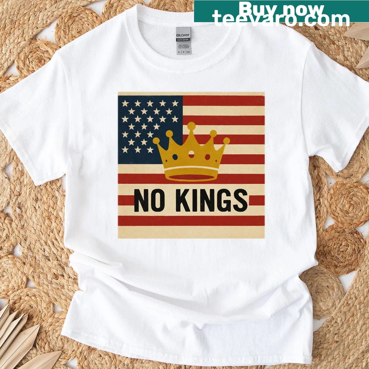 No Kings No Oligarchs text graphic t-shirt — on a men's t-shirt