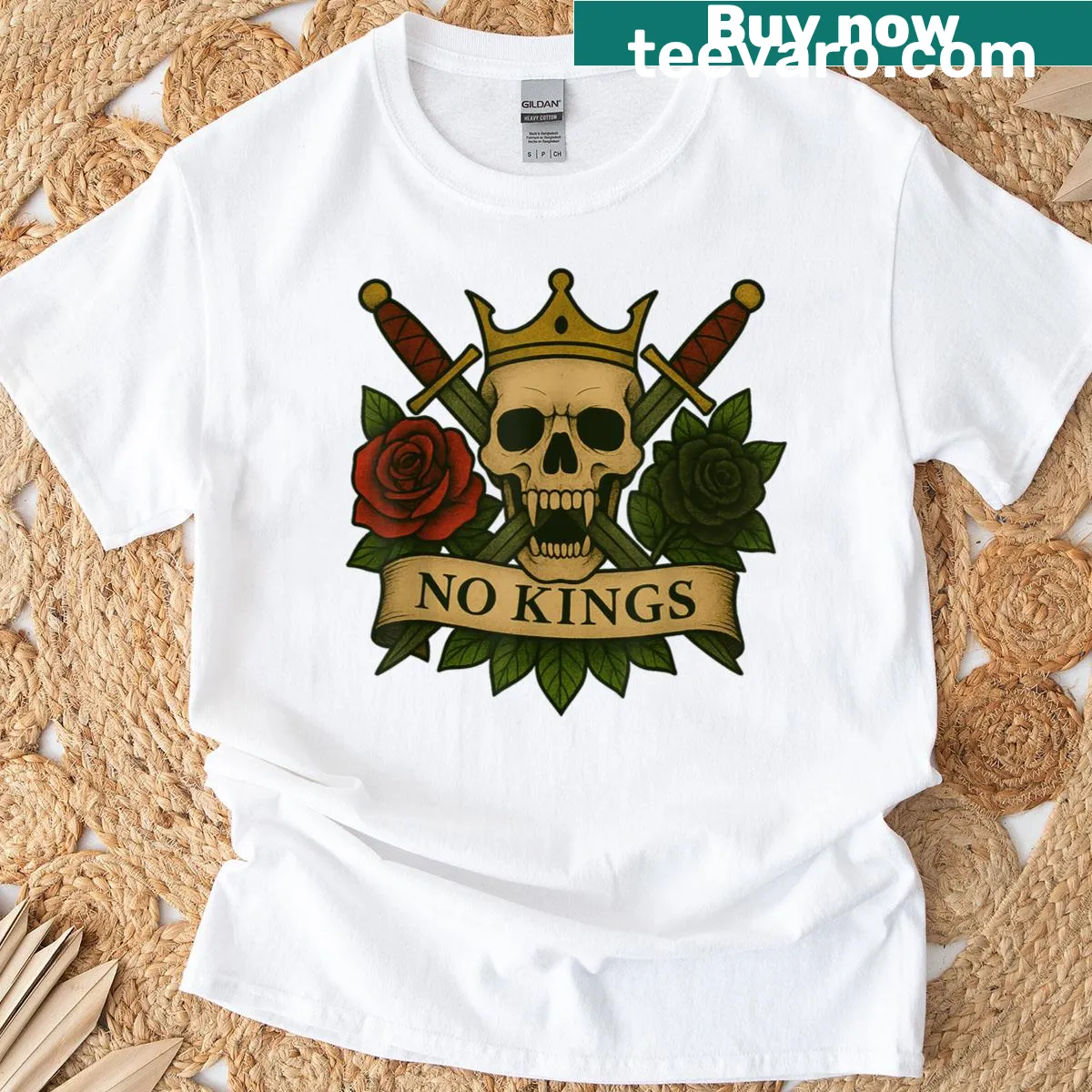 Tattoo design 'No Kings' graphic t-shirt — on a men's t-shirt