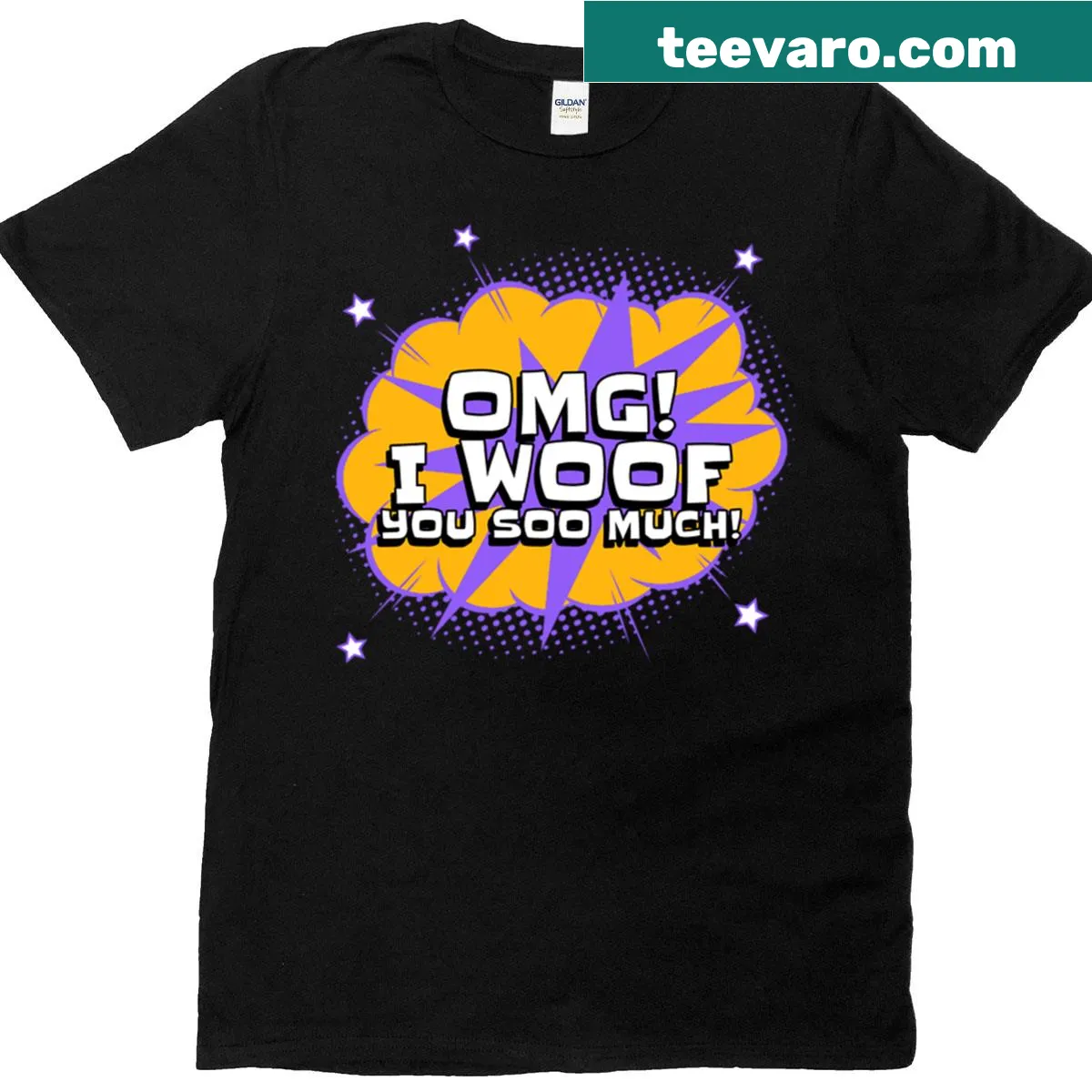 Playful dog lover T-shirt with text 'Omg I Woof You' — on a men's t-shirt