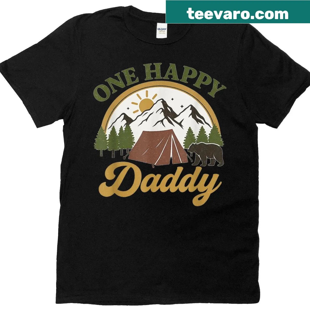Illustrative bear design for a first birthday camping T-shirt — on a men's t-shirt