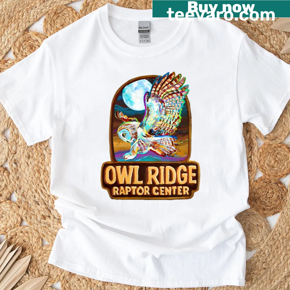 Detailed illustration of a barn owl on a nature-themed t-shirt. — on a men's t-shirt