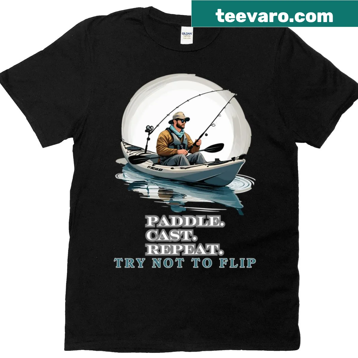 Playful fishing T-shirt with kayak and humorous text — on a men's t-shirt