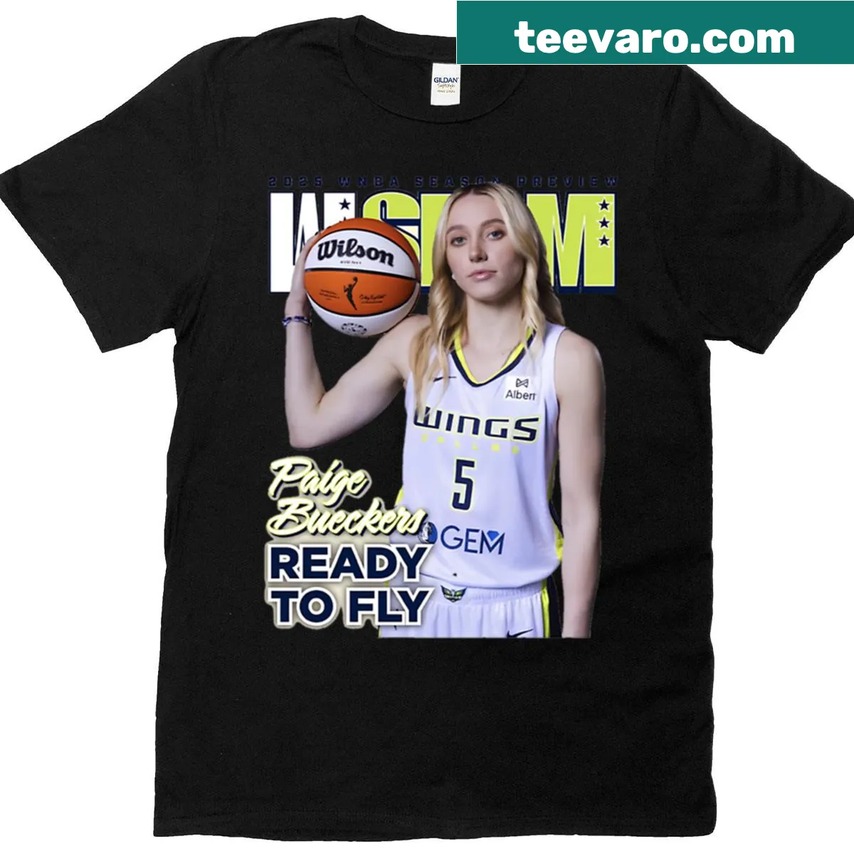 T-shirt featuring Paige Bueckers and Dallas Wings graphics — on a men's t-shirt