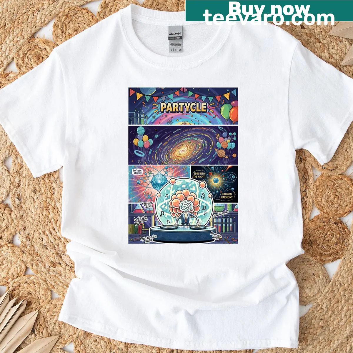 Comic-style T-shirt featuring playful physics illustrations — on a men's t-shirt