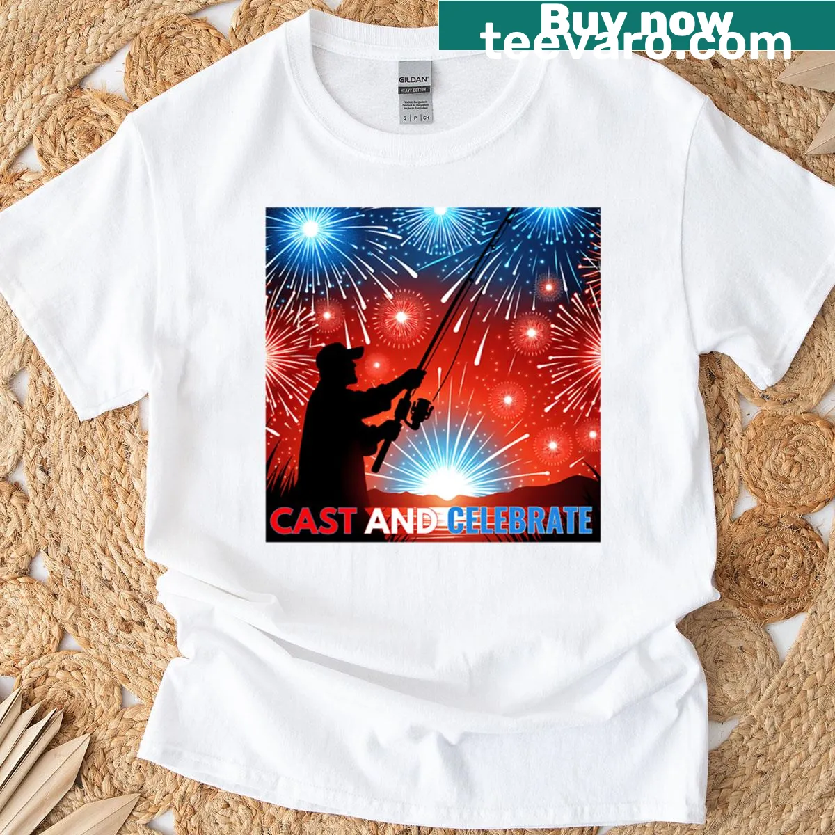 Illustrative bass fishing t-shirt with patriotic elements for the Fourth of July. — on a men's t-shirt
