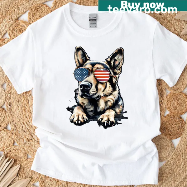 German Shepherd with sunglasses and USA flag design on a tee.