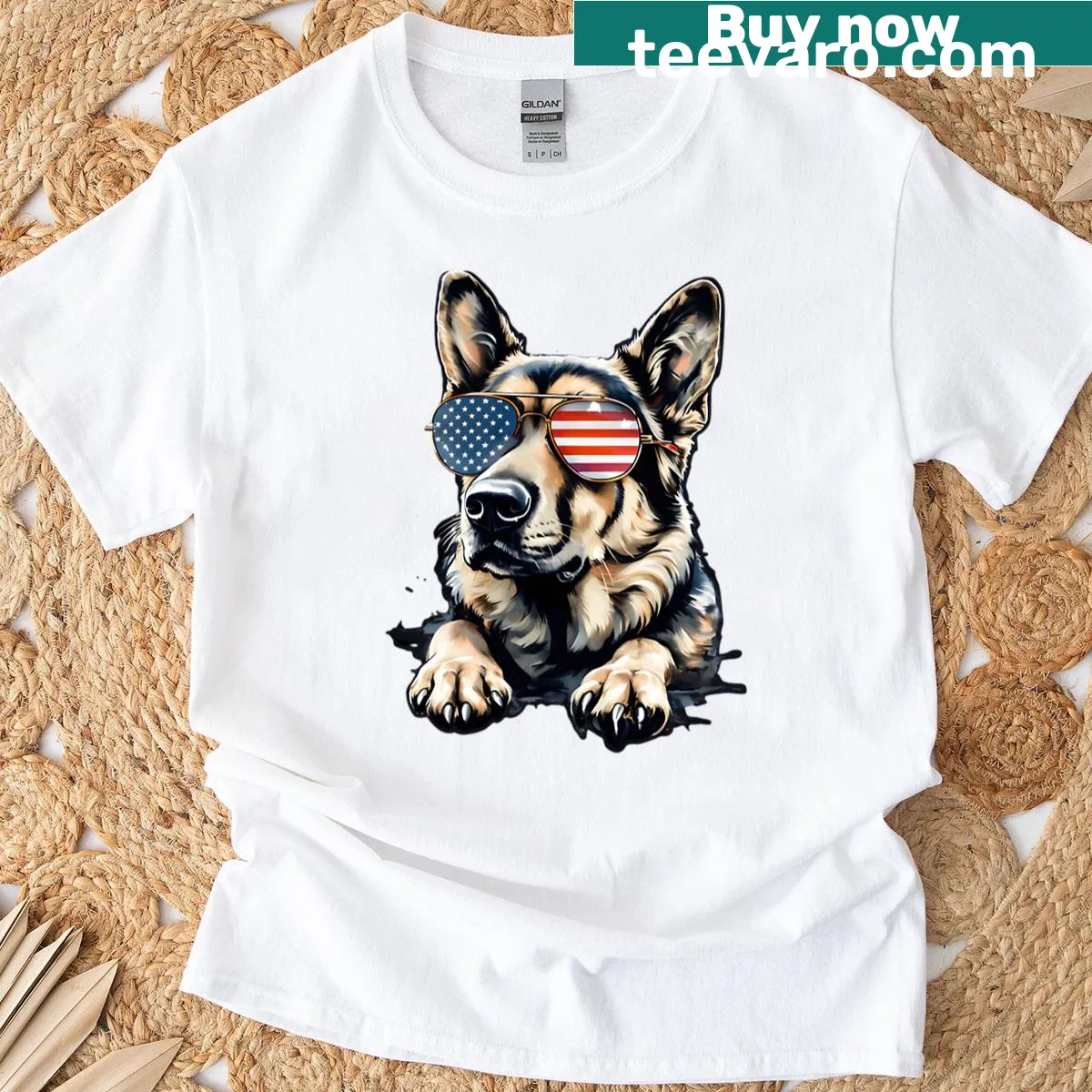 German Shepherd with sunglasses and USA flag design on a tee. — on a men's t-shirt
