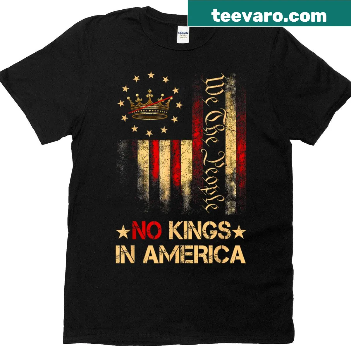 Patriotic t-shirt with No Kings In America slogan — on a men's t-shirt