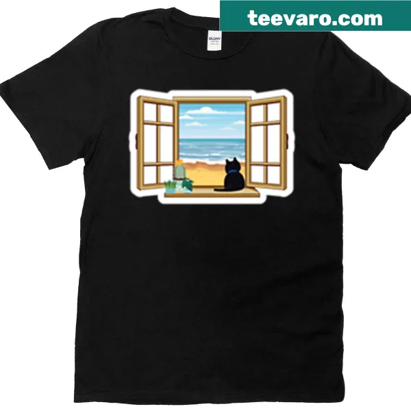 Illustrated T-shirt with a beach scene and animal paws