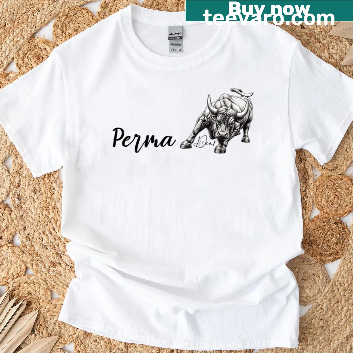 Bold typography t-shirt featuring the phrase 'Perma Bull.' — on a men's t-shirt