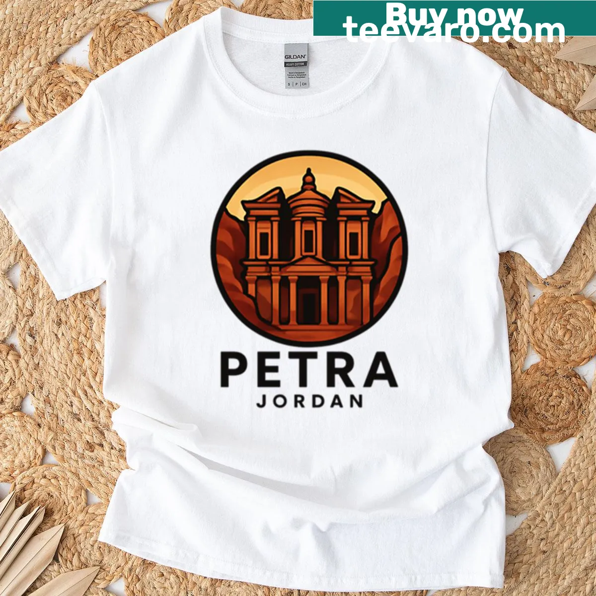 Silhouette of Petra Treasury graphic t-shirt — on a men's t-shirt