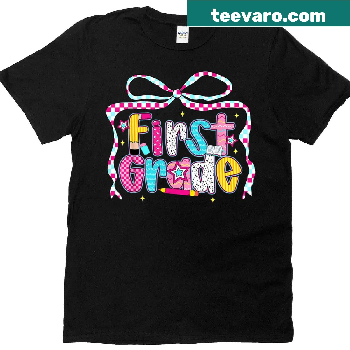 Preppy first-grade t-shirt with bow accents — on a men's t-shirt