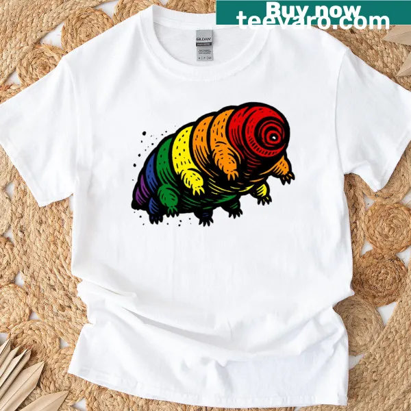 Tardigrade illustration with pride flag colors on a T-shirt.