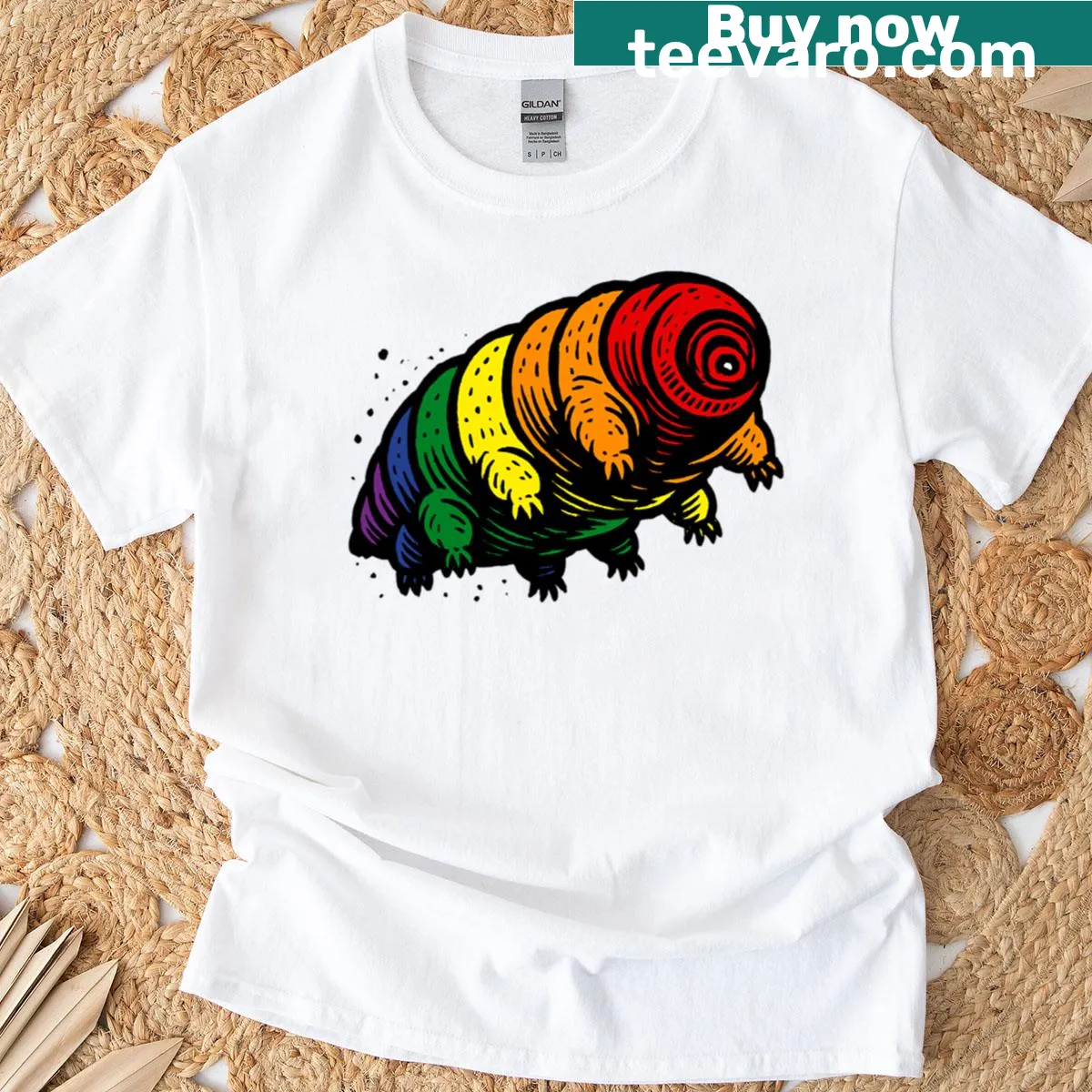 Tardigrade illustration with pride flag colors on a T-shirt. — on a men's t-shirt
