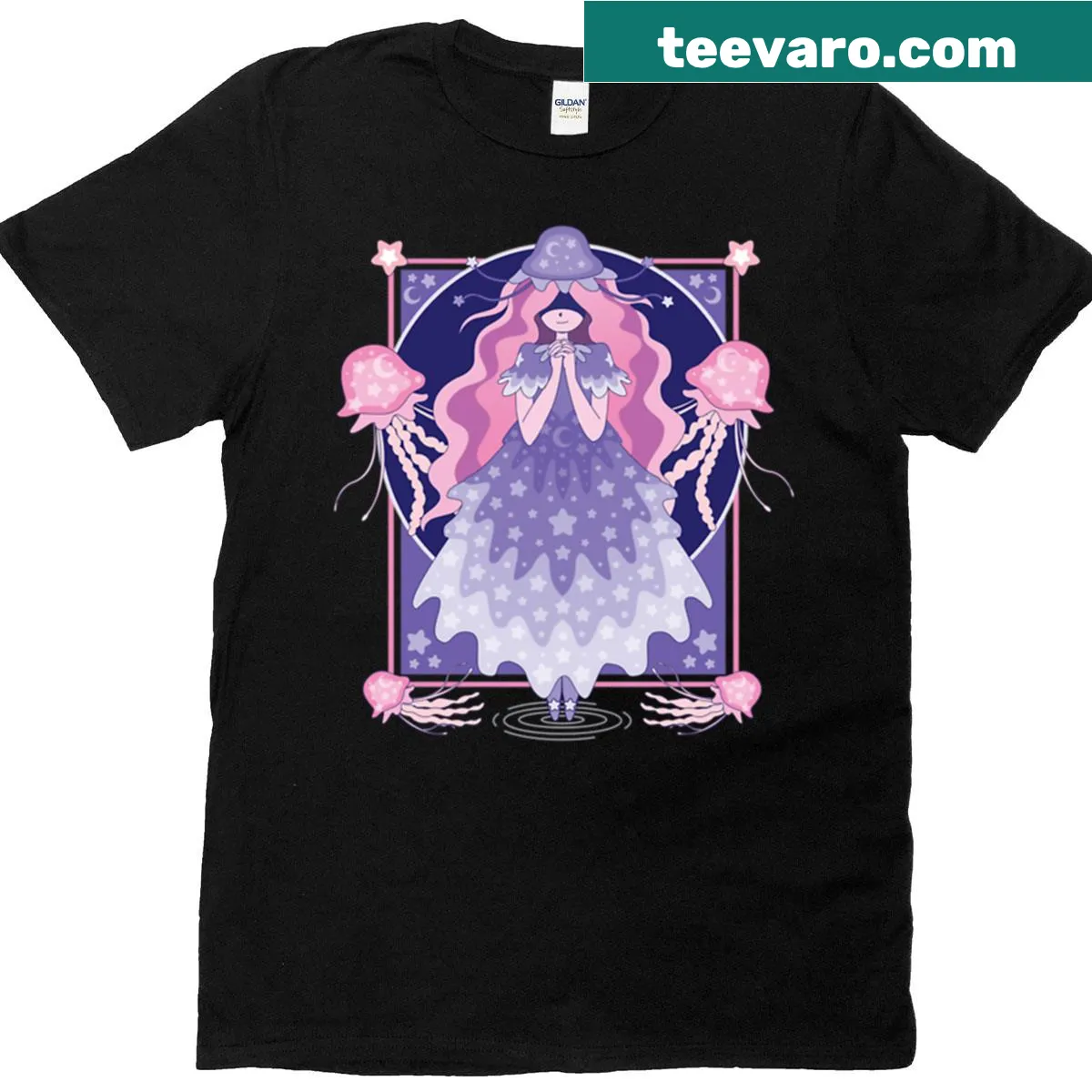 Cute T-shirt featuring a jellyfish princess illustration — on a men's t-shirt