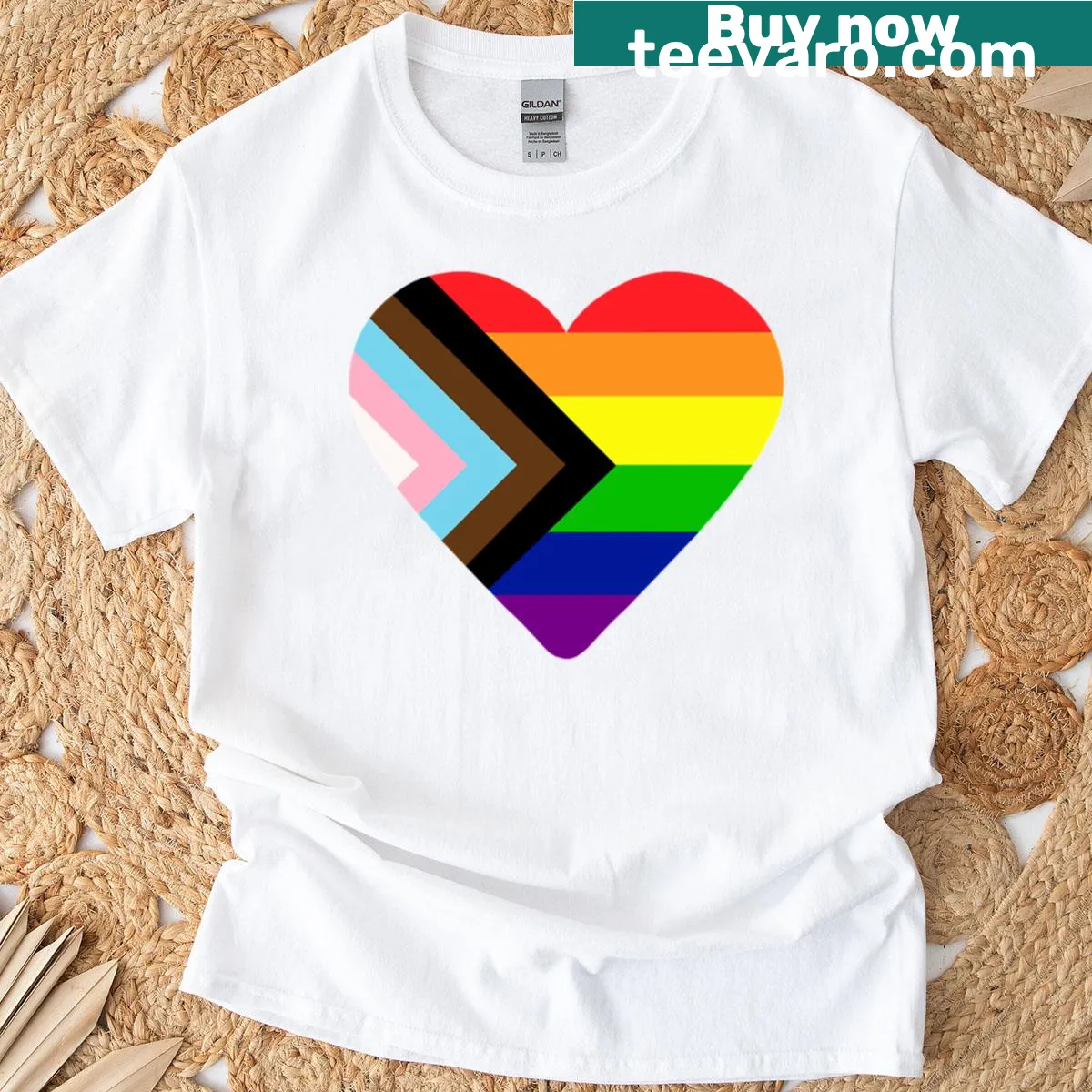 Heart design featuring the Progress Pride Flag for inclusivity — on a men's t-shirt