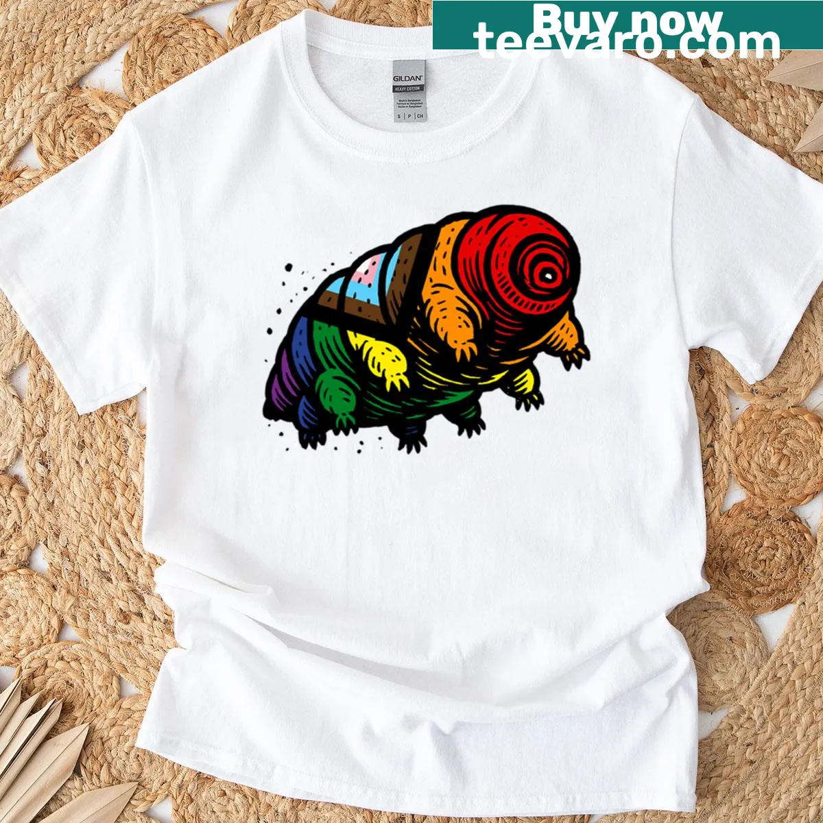 Illustration of a tardigrade alongside the Progress Pride Flag — on a men's t-shirt