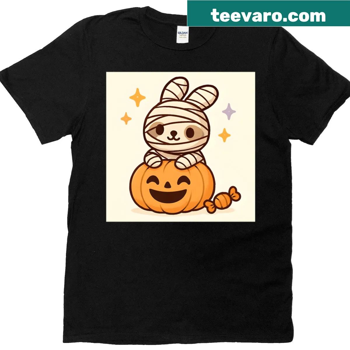 Cartoon design of a bunny mummy with a pumpkin on a t-shirt — on a men's t-shirt