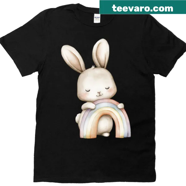 Cute bunny illustration with open arms on a kids' T-shirt