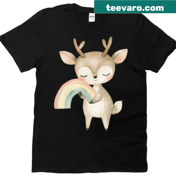 Gentle deer hugging a rainbow in a whimsical illustration