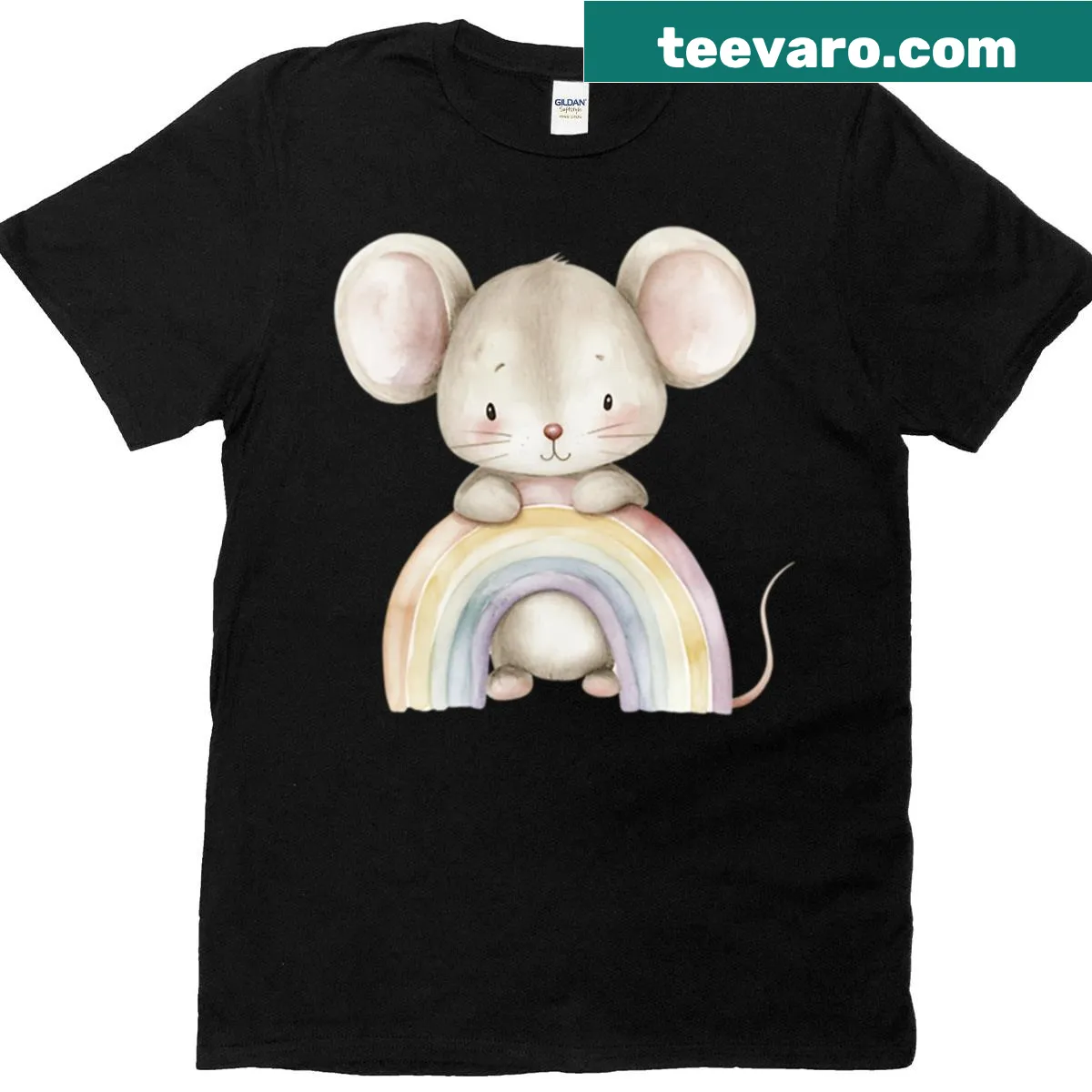 Illustration of a cute mouse hugging a rainbow on a t-shirt — on a men's t-shirt