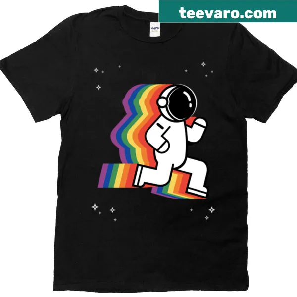 Illustration of an astronaut running with rainbows on a t-shirt