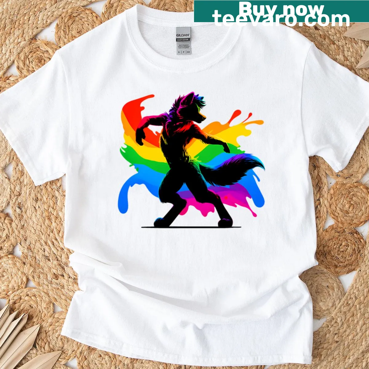 Colorful furry wolf fursona illustration on T-shirt — on a men's t-shirt