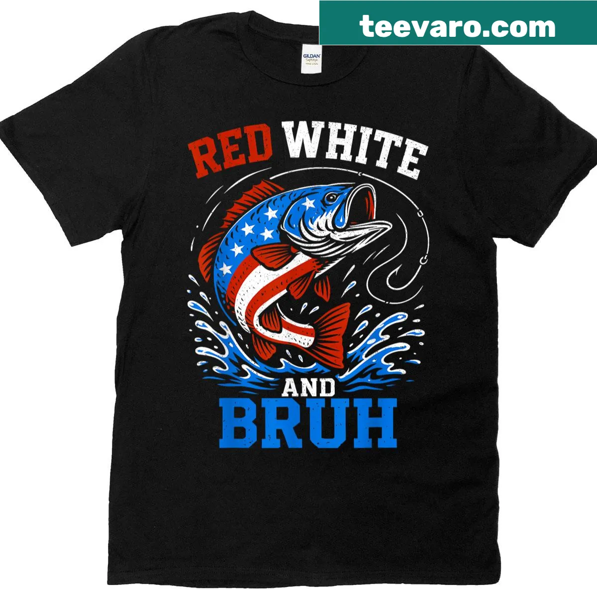 Patriotic t-shirt with a bass fish and 'Red White And Bruh' text — on a men's t-shirt