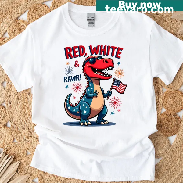 Patriotic T-Rex graphic with American flag colors