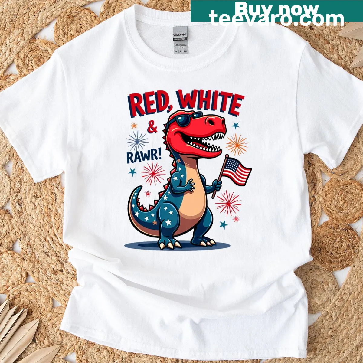 Patriotic T-Rex graphic with American flag colors — on a men's t-shirt
