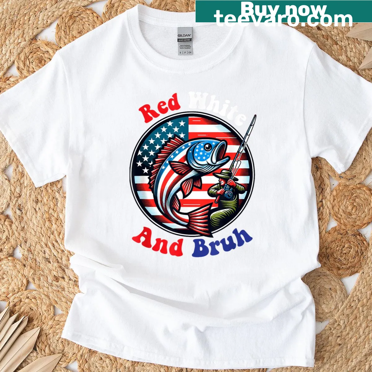 4th of July fishing bass graphic with American flag — on a men's t-shirt