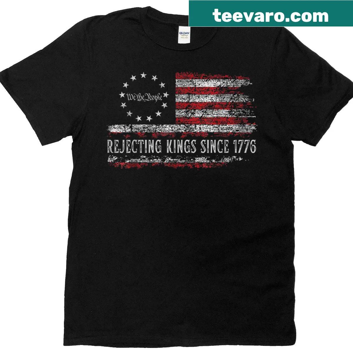 Vintage T-shirt with American flag and text 'Rejecting Kings Since 1776' — on a men's t-shirt