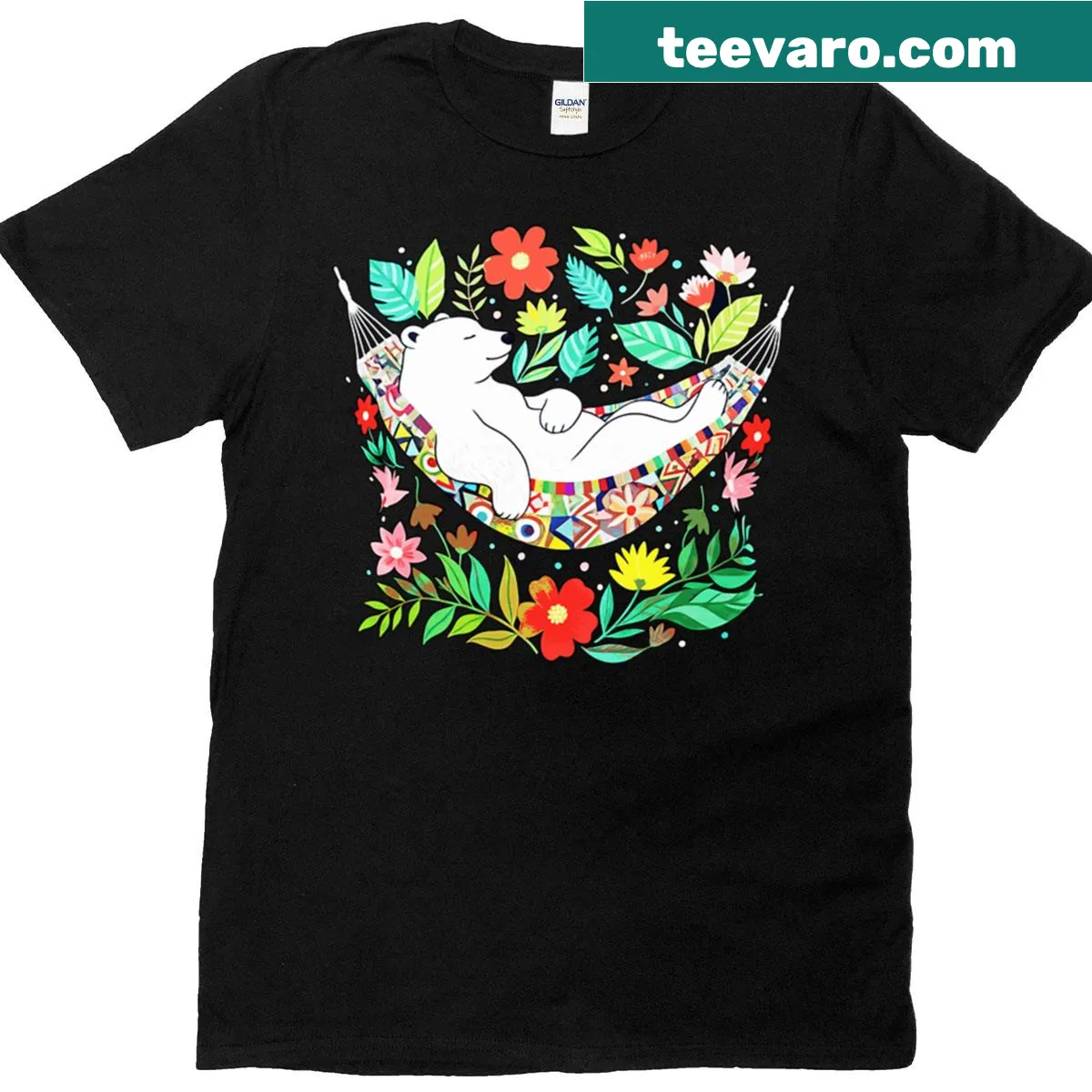 Bear in a hammock surrounded by floral jungle elements — on a men's t-shirt