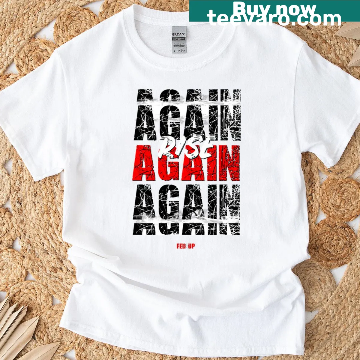 Inspirational t-shirt with bold typography reading 'Rise Again' — on a men's t-shirt