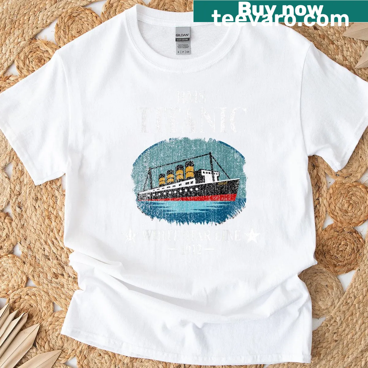 Cartoon-style t-shirt featuring the R.M.S. Titanic for kids — on a men's t-shirt