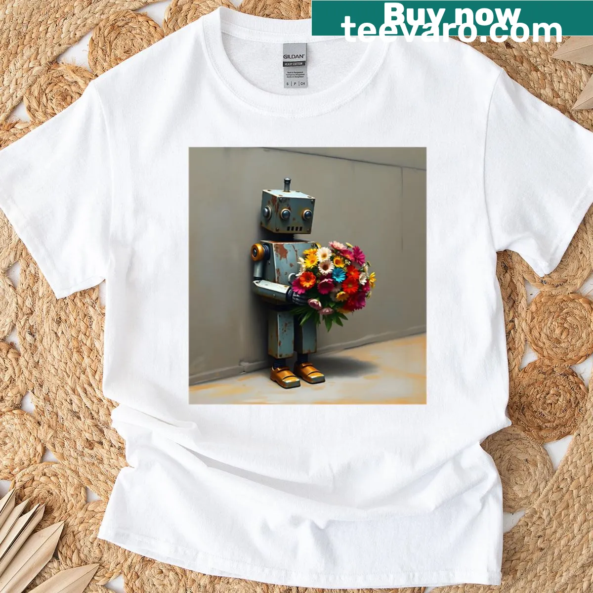 Illustration of a rusty robot with a bouquet of roses — on a men's t-shirt
