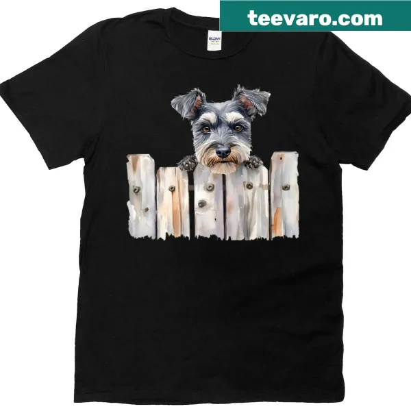 T-shirt featuring a playful illustration of a Schnauzer on a fence
