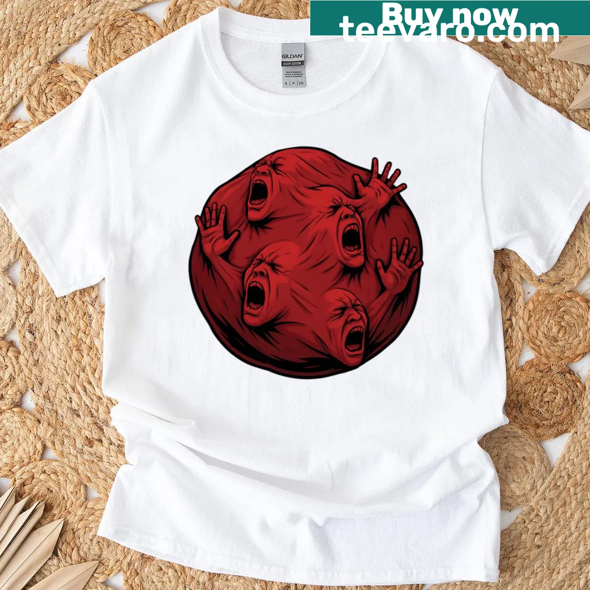 Illustration of screaming faces representing horror and emotion — on a men's t-shirt