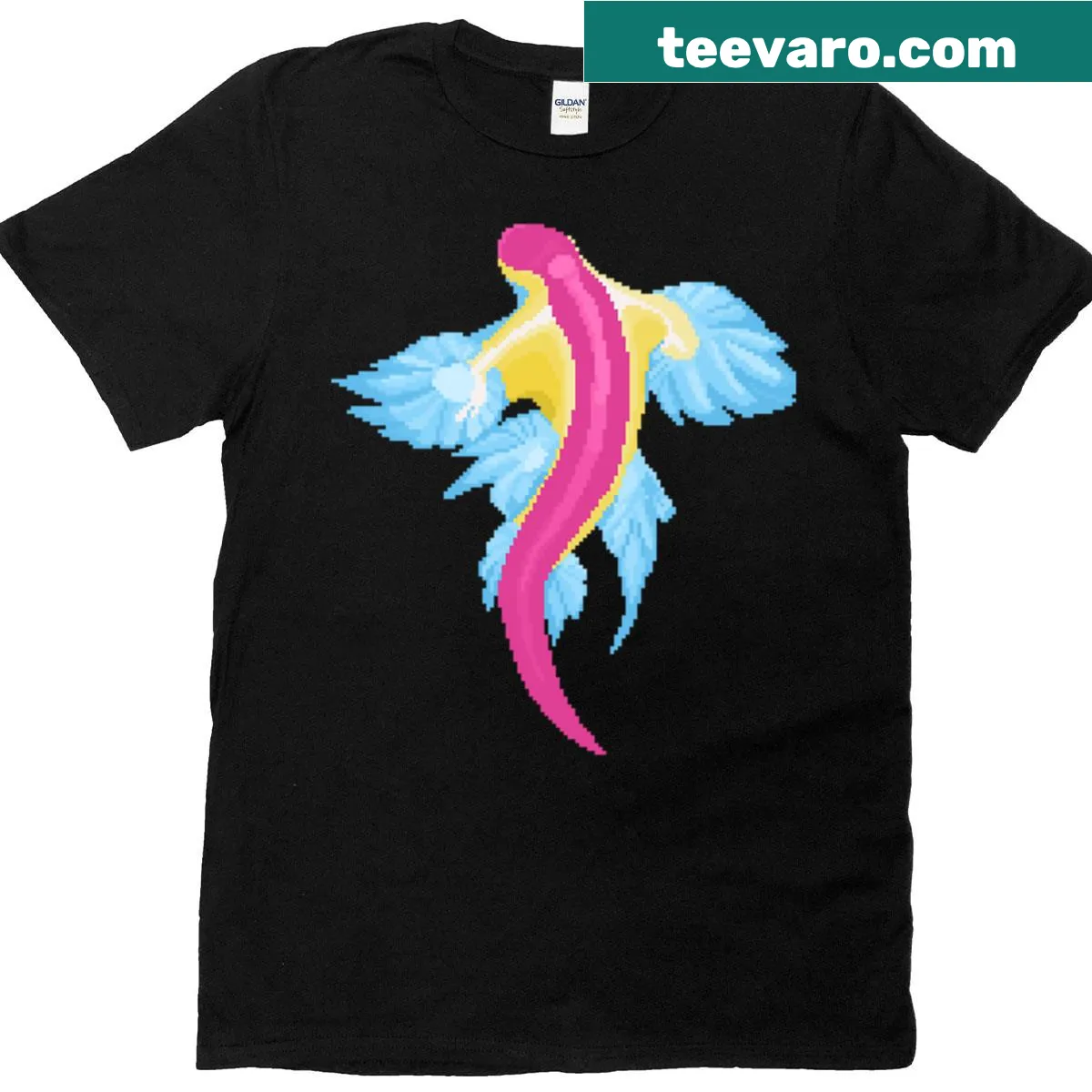 Pixel art t-shirt featuring a sea slug and pansexual flag colors — on a men's t-shirt