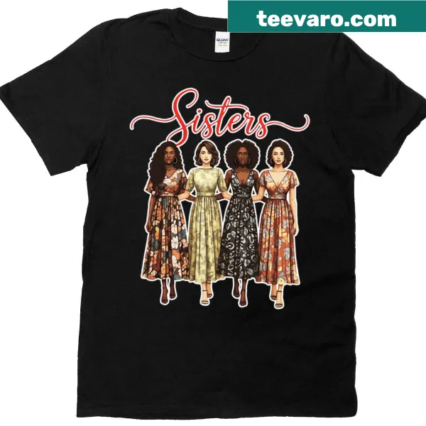 Illustrated T-shirt showing sisters in stylish patterned dresses