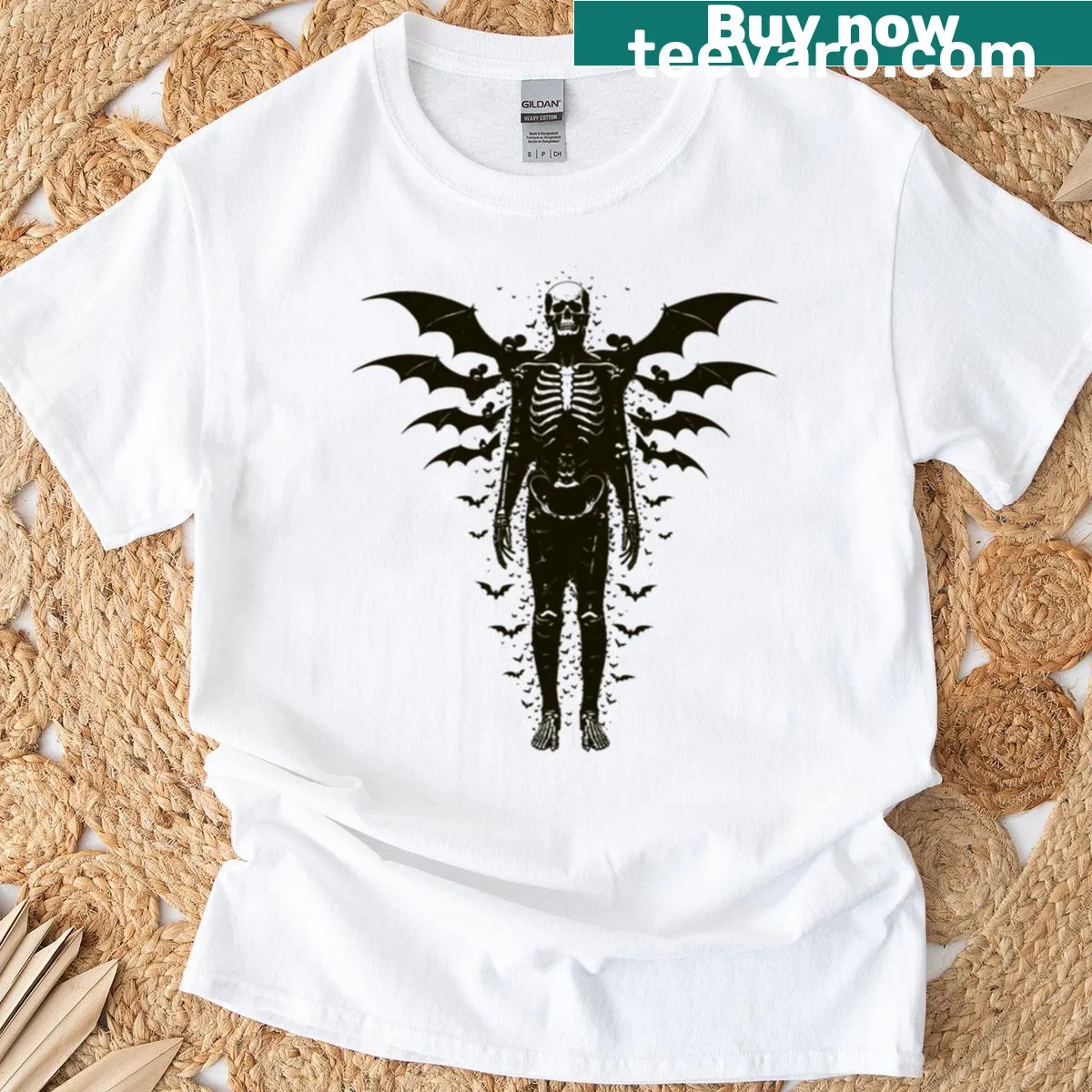 T-shirt featuring a skeleton surrounded by bats for Halloween — on a men's t-shirt