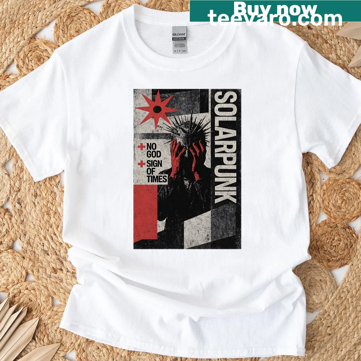 Illustrative solarpunk design with bold text about societal change — on a men's t-shirt