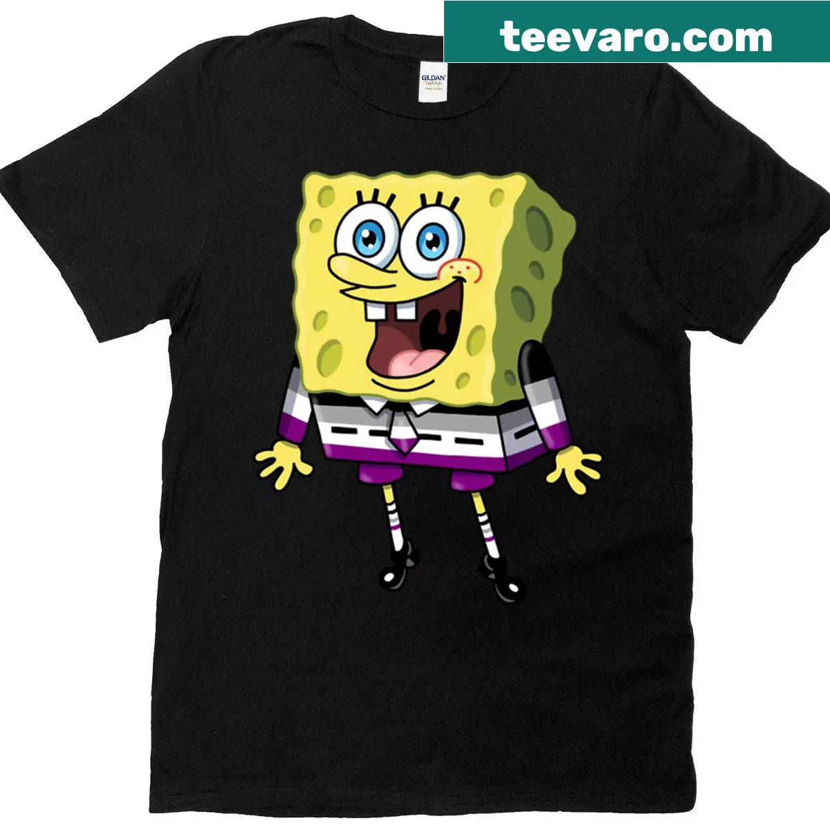 Asexual Pride T-shirt featuring Spongebob characters — on a men's t-shirt