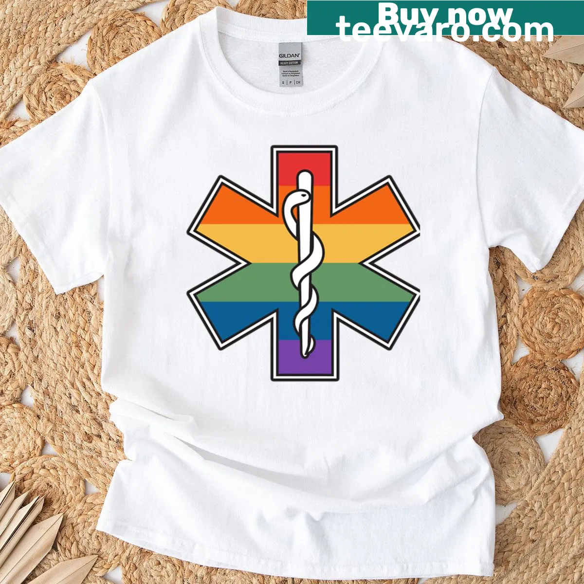 Star of Life graphic T-shirt with pride theme — on a men's t-shirt