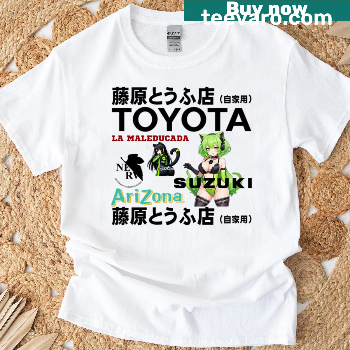 T-shirt covered in illustrated stickers representing creativity — on a men's t-shirt