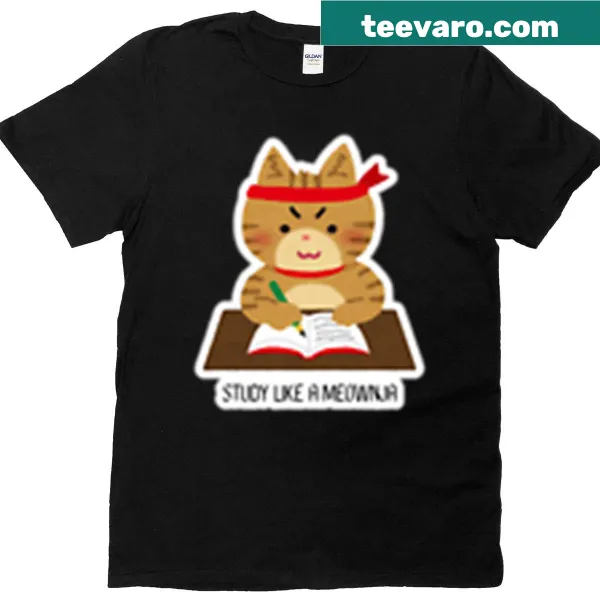 T-shirt with a humorous cat graphic and the phrase 'Study Like A Meownja'