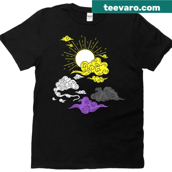 T-shirt featuring sun and clouds illustration for non-binary pride