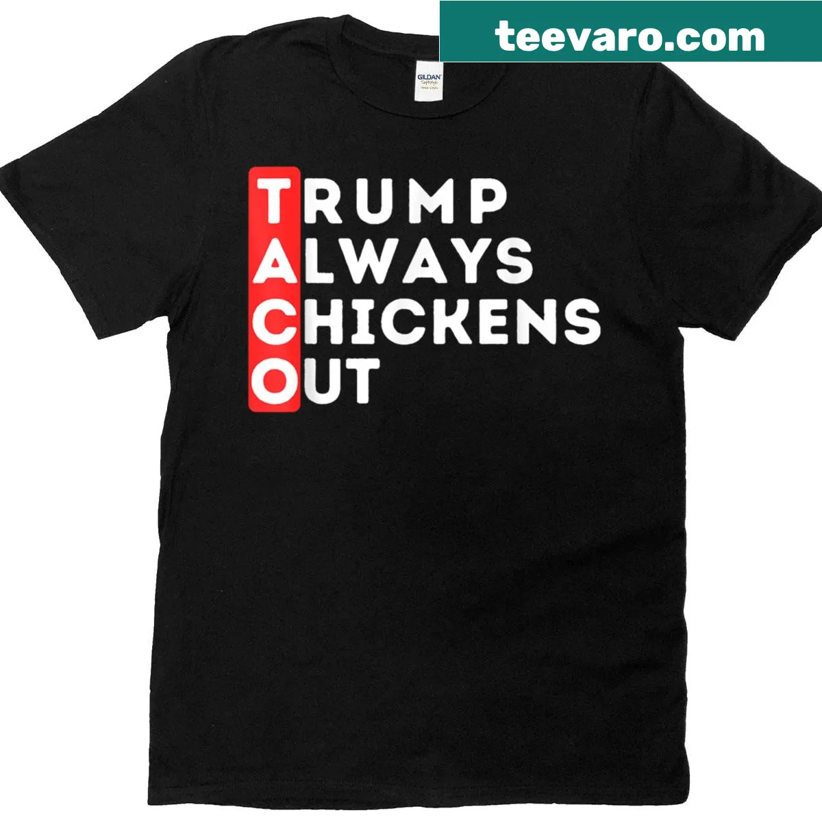 T-shirt with the phrase 'Trump Always Chickens Out' in a bold font — on a men's t-shirt