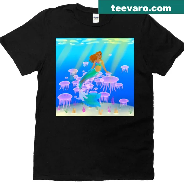 Illustration of a little mermaid riding a jellyfish on a t-shirt